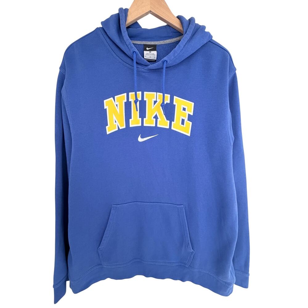 Nike Logo Hoodie Mens XL Blue Yellow Pullover Sweatshirt Athletic Fleece